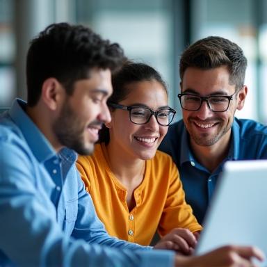 Glückliches Team arbeitet gemeinsam an einem Workspace